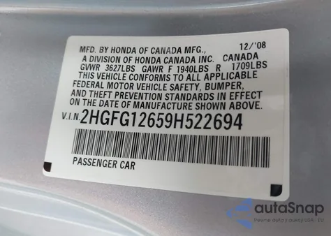2009 Honda Civic Lx from USA, damaged, VIN 2HGFG12659H522694